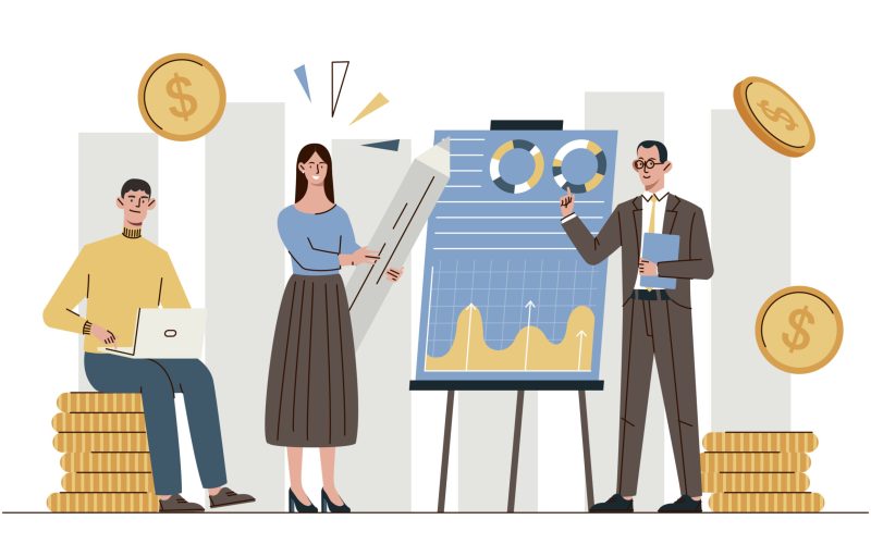 Economics strategy concept. Male and female accountants analyze financial statistics and develop plan to increase profits and wealth. Successful entrepreneur. Cartoon flat vector illustration